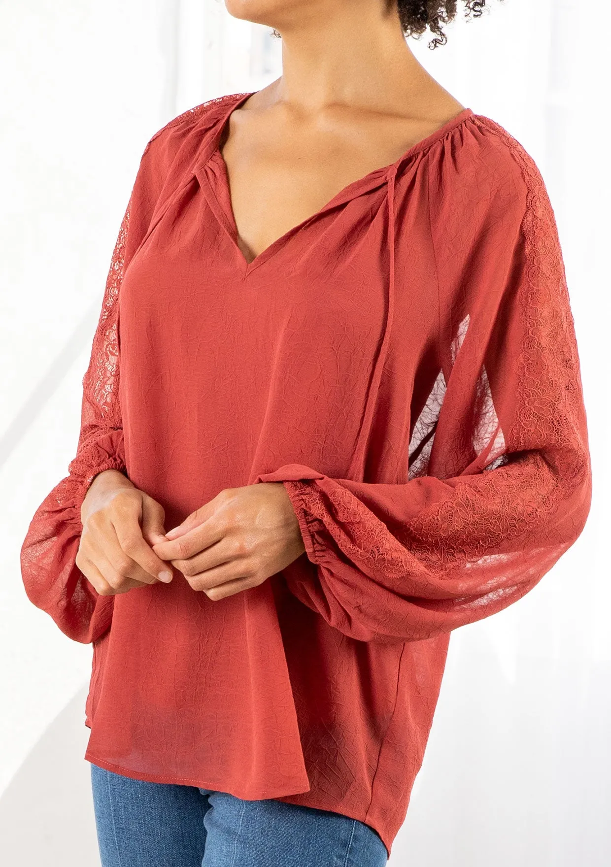 Bohemian Lace Long Sleeve Blouson Sleeve Top