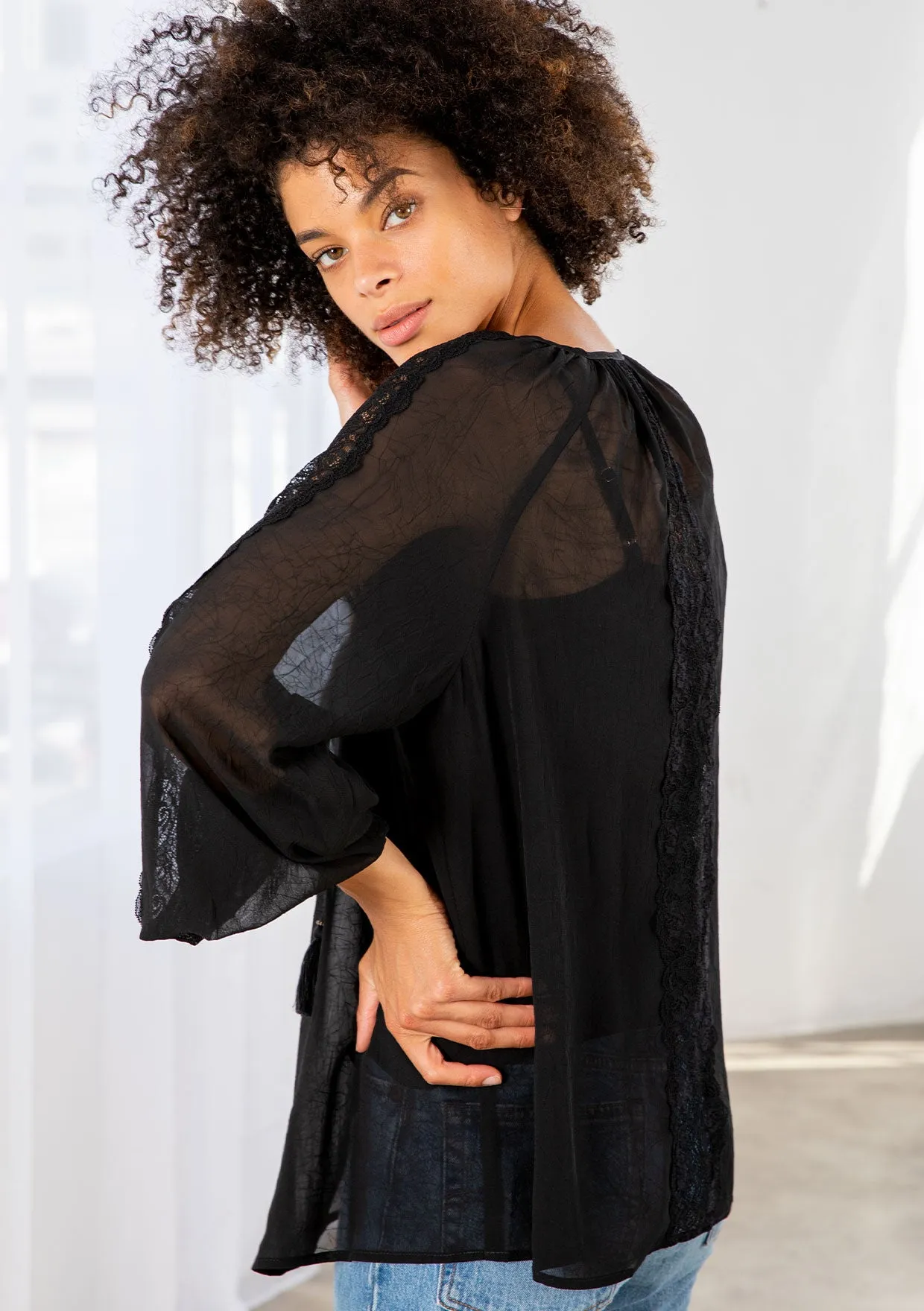 Bohemian Lace Long Sleeve Blouson Sleeve Top