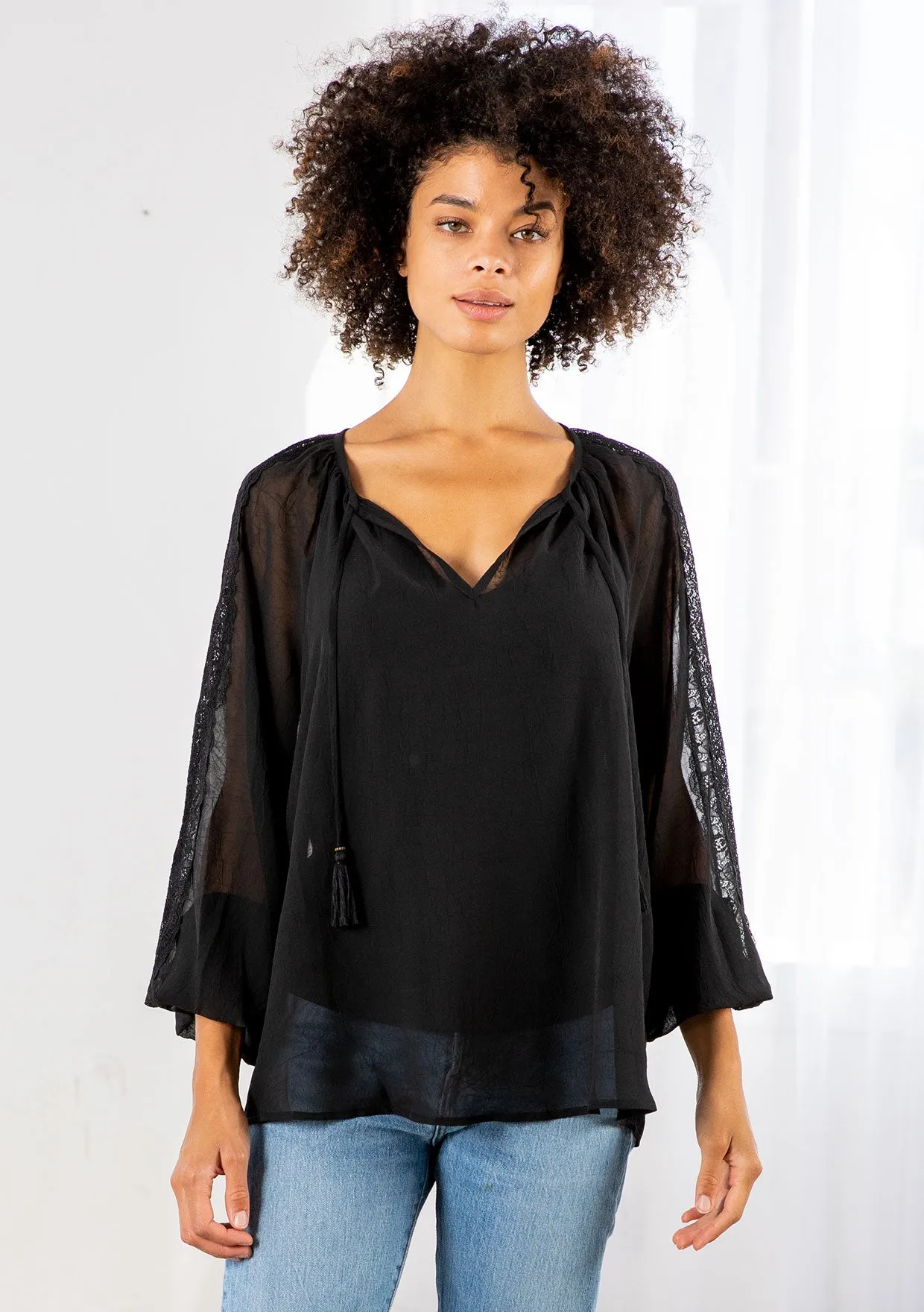 Bohemian Lace Long Sleeve Blouson Sleeve Top