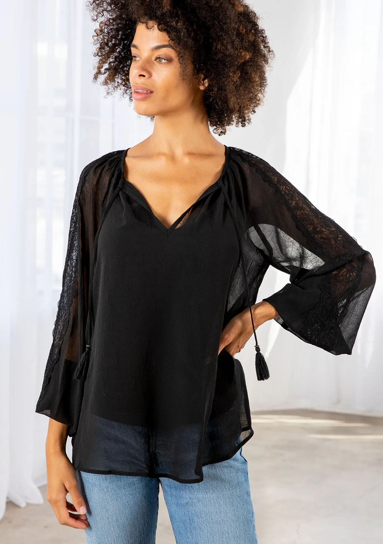 Bohemian Lace Long Sleeve Blouson Sleeve Top