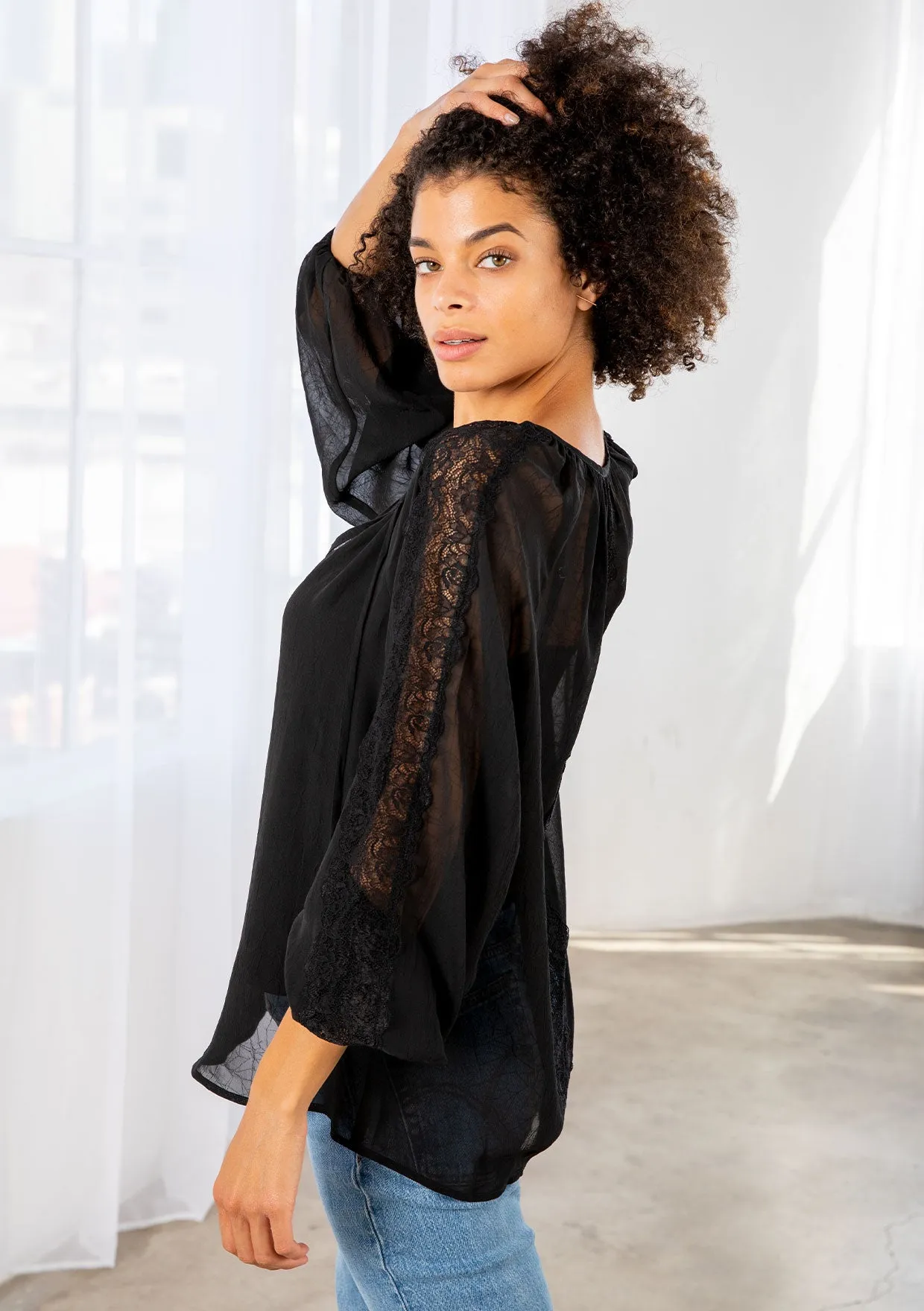 Bohemian Lace Long Sleeve Blouson Sleeve Top