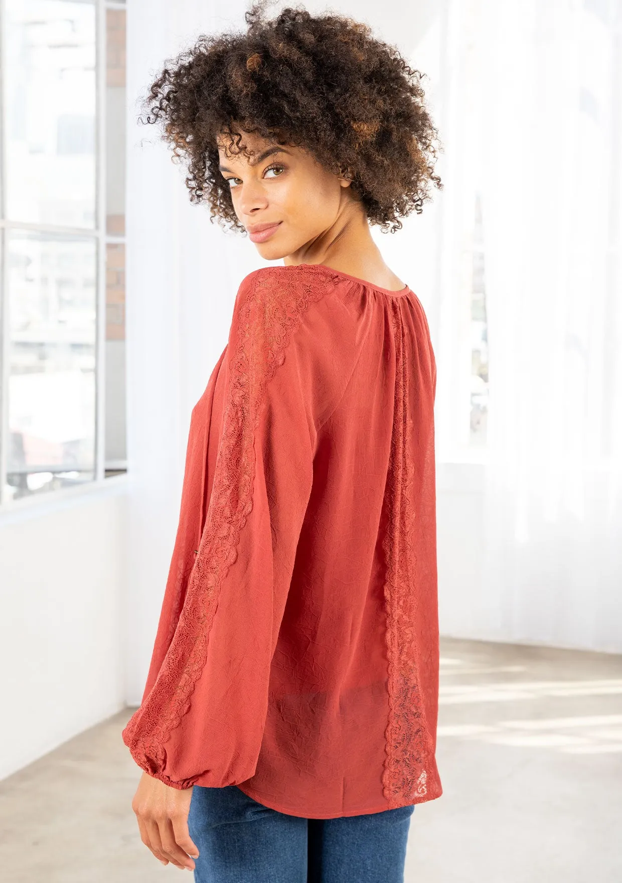 Bohemian Lace Long Sleeve Blouson Sleeve Top