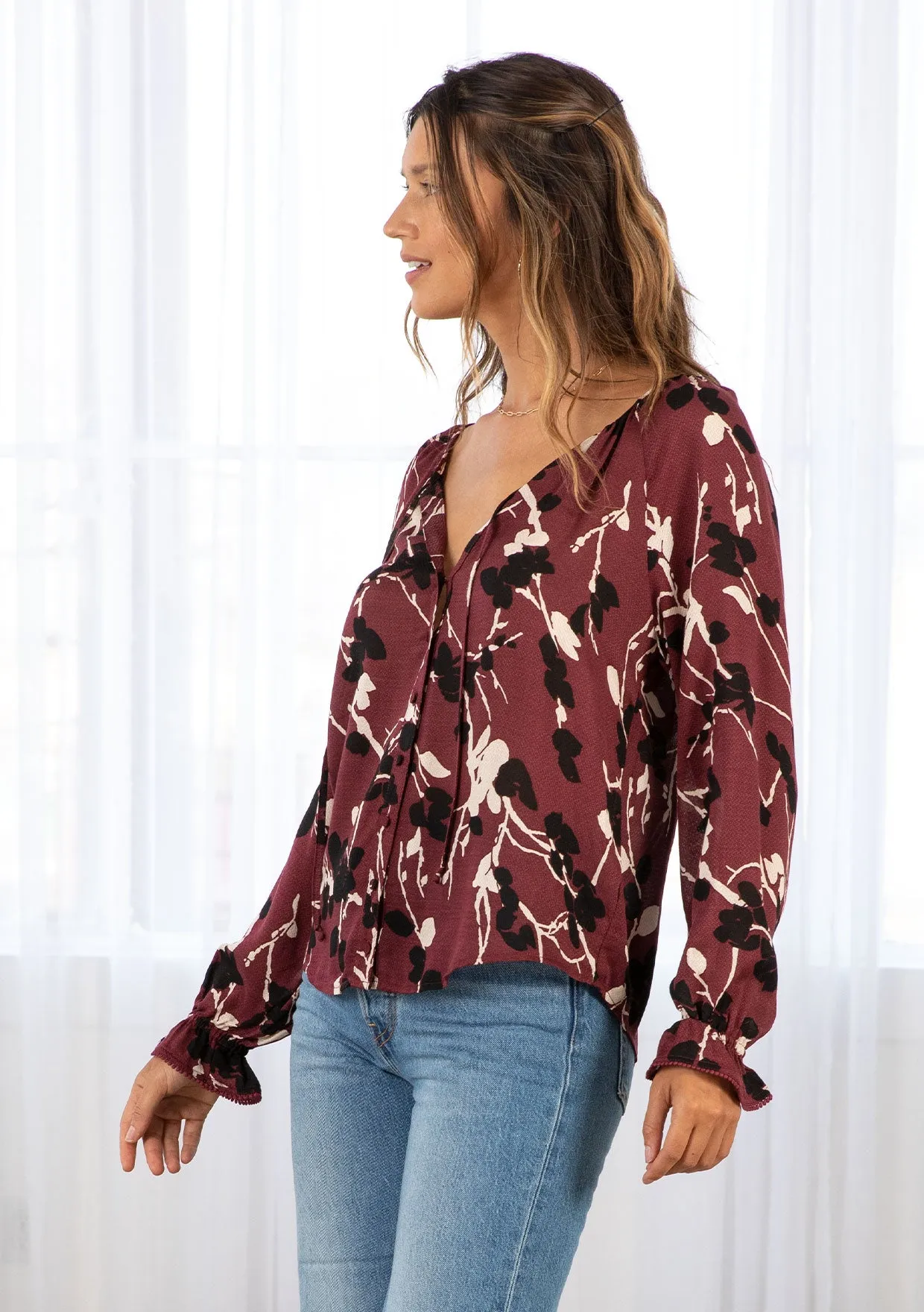 Boho Floral Print Button Front Long Sleeve Blouse