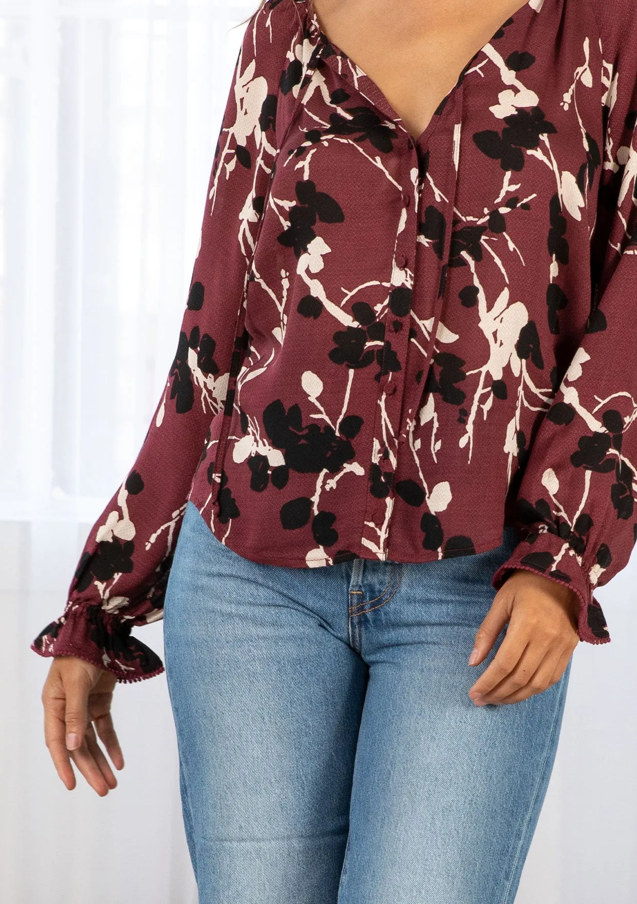 Boho Floral Print Button Front Long Sleeve Blouse