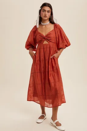 Brick Twist-Front Cutout Puff Sleeve Eyelet Midi Dress