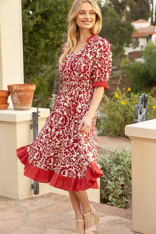 Burgundy Contrast Color Ruffle Detailed Print Midi Dress