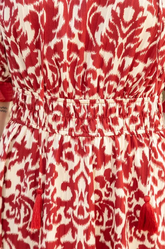Burgundy Contrast Color Ruffle Detailed Print Midi Dress