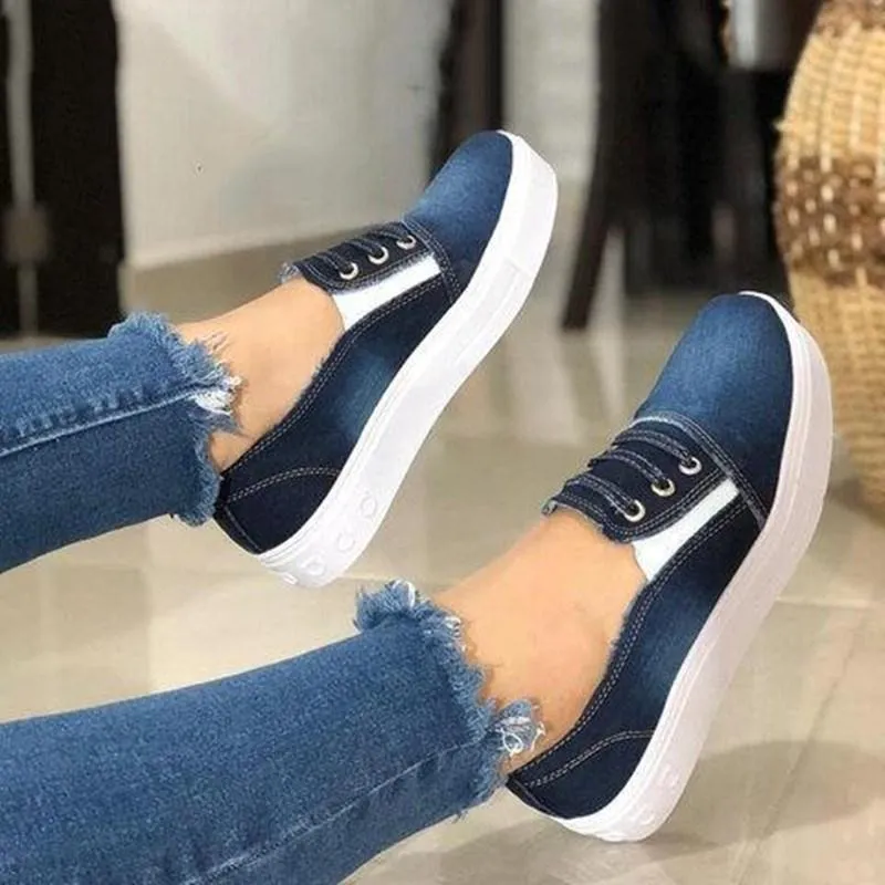 Chicvane Casual Denim Shoes Slip-On Round Toe Platform Loafers