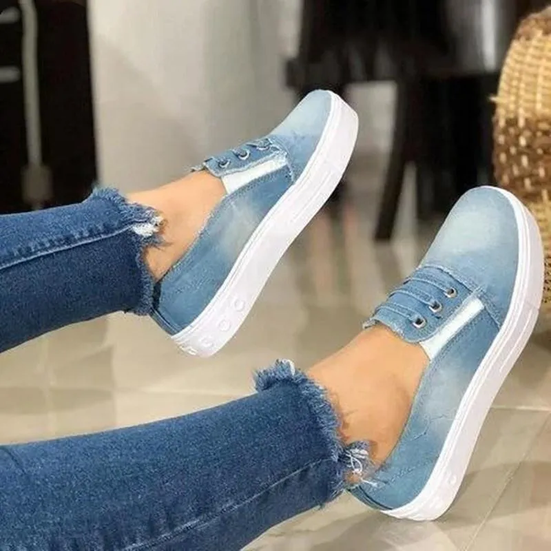 Chicvane Casual Denim Shoes Slip-On Round Toe Platform Loafers