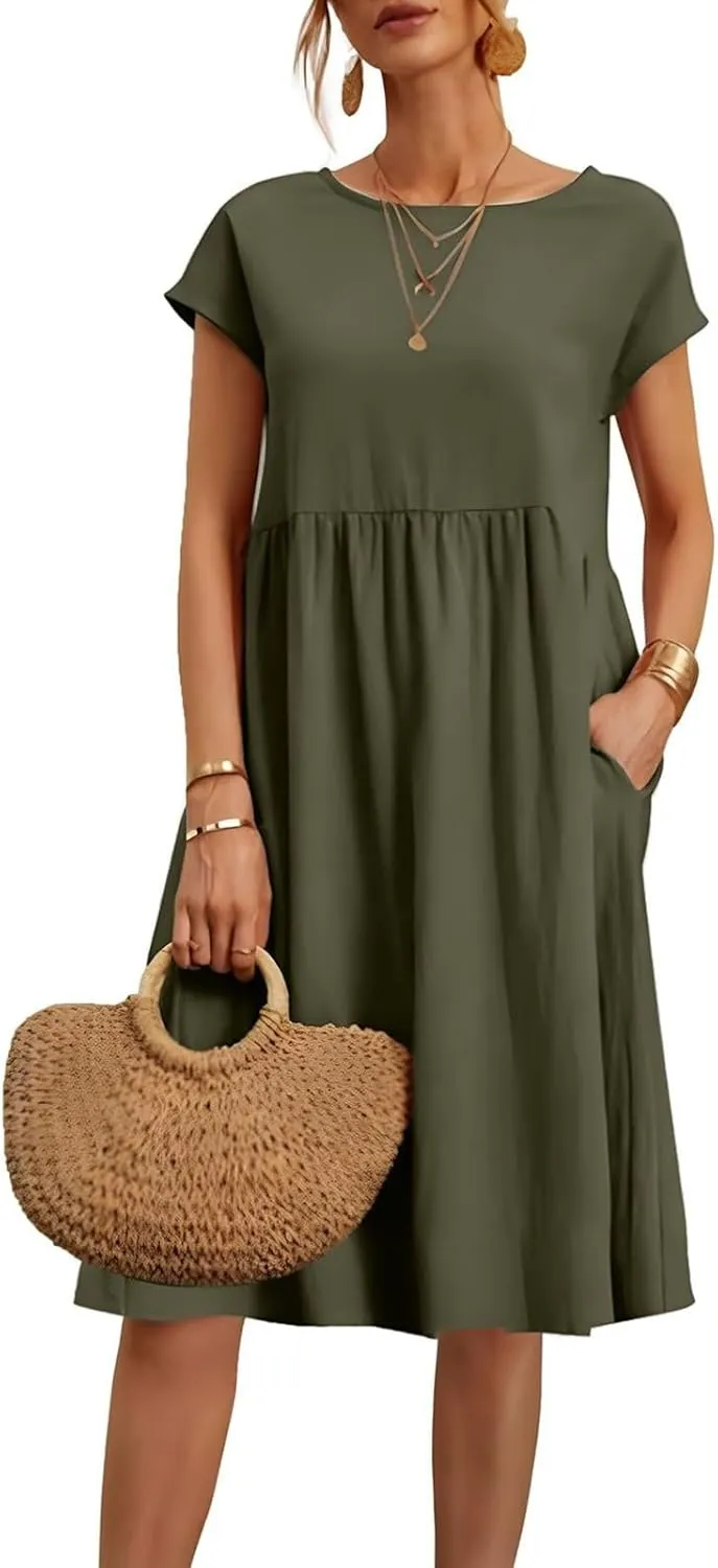 Cotton Dresses for Women 2025 Casual Summer Midi Dress Plus Size Short Sleeve Knee Length T Shirt Dress with Pockets
