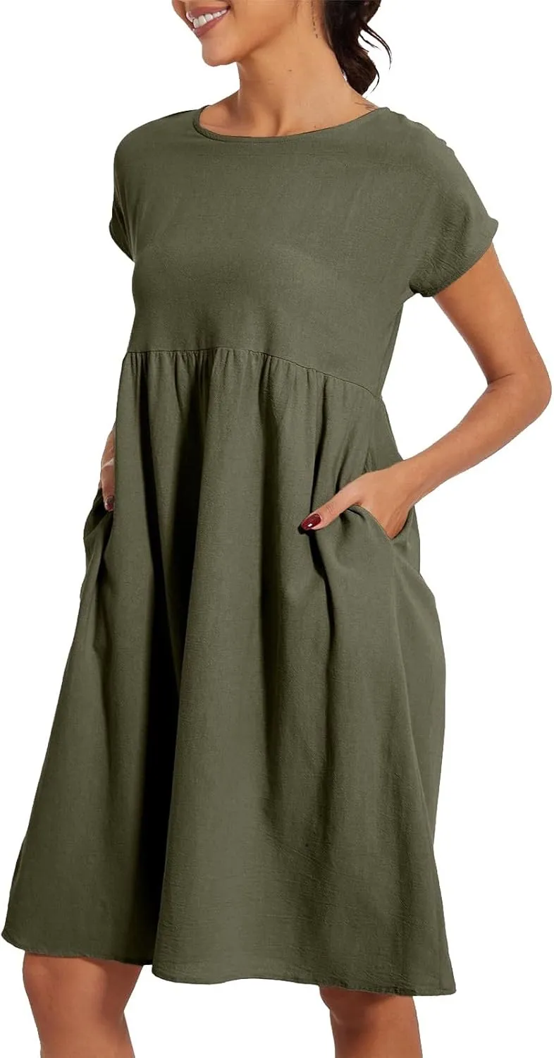Cotton Dresses for Women 2025 Casual Summer Midi Dress Plus Size Short Sleeve Knee Length T Shirt Dress with Pockets