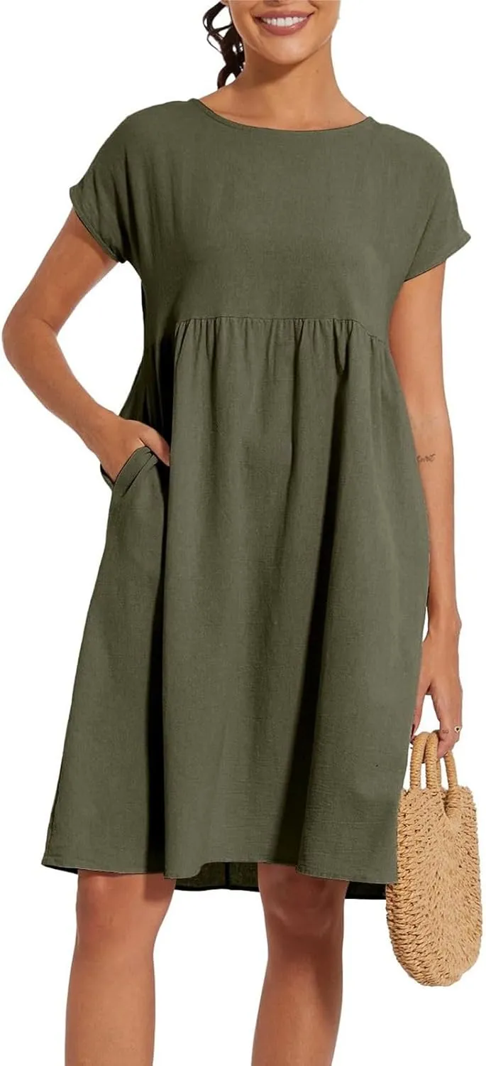 Cotton Dresses for Women 2025 Casual Summer Midi Dress Plus Size Short Sleeve Knee Length T Shirt Dress with Pockets