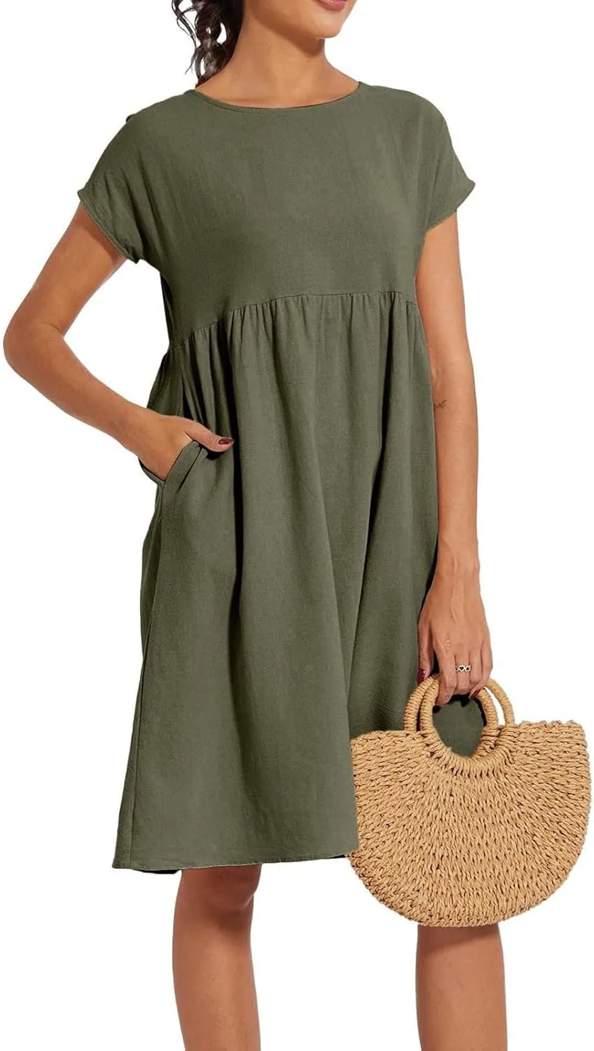 Cotton Dresses for Women 2025 Casual Summer Midi Dress Plus Size Short Sleeve Knee Length T Shirt Dress with Pockets