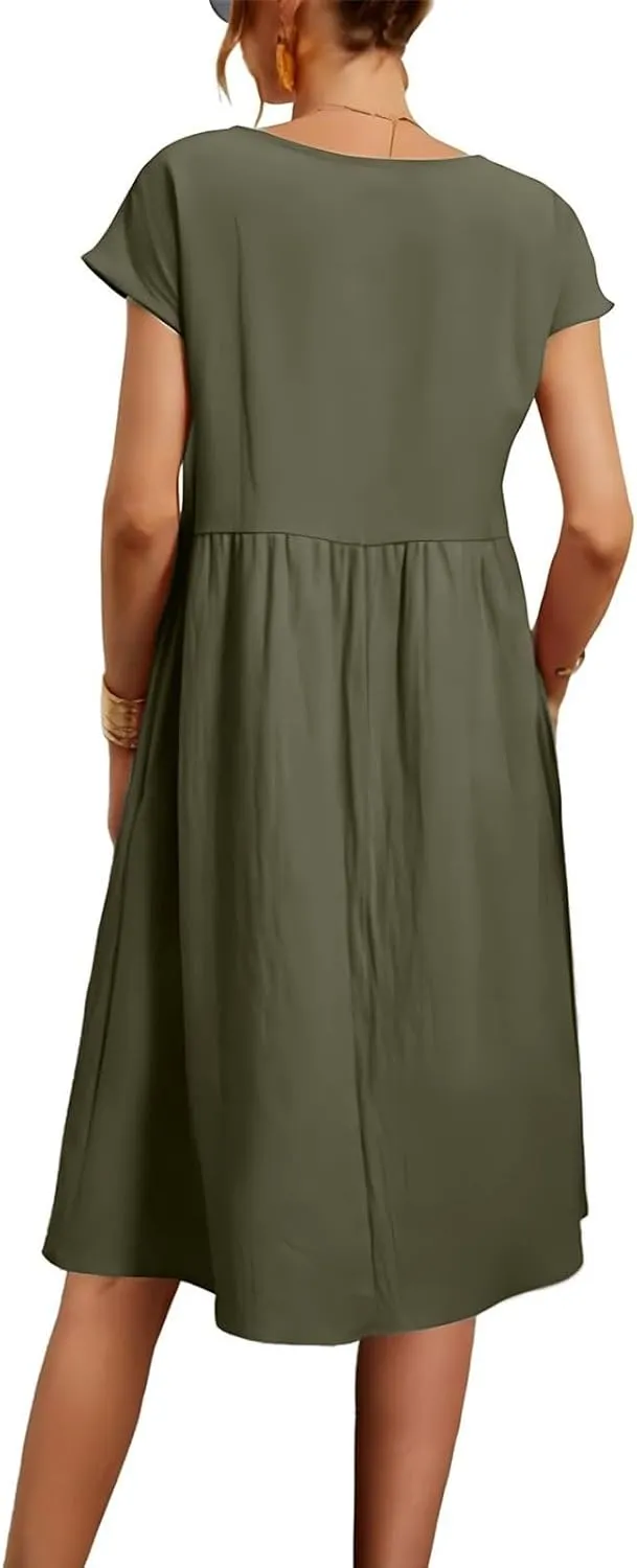 Cotton Dresses for Women 2025 Casual Summer Midi Dress Plus Size Short Sleeve Knee Length T Shirt Dress with Pockets