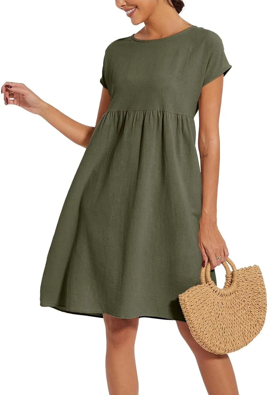 Cotton Dresses for Women 2025 Casual Summer Midi Dress Plus Size Short Sleeve Knee Length T Shirt Dress with Pockets