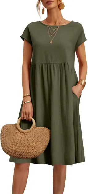 Cotton Dresses for Women 2025 Casual Summer Midi Dress Plus Size Short Sleeve Knee Length T Shirt Dress with Pockets