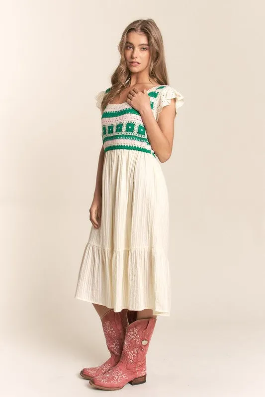 Cream Crochet Detailed Top Midi Dress