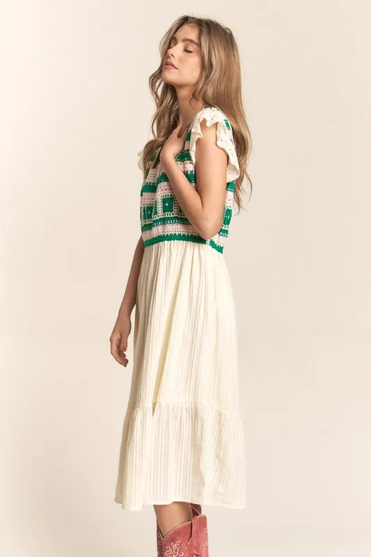 Cream Crochet Detailed Top Midi Dress