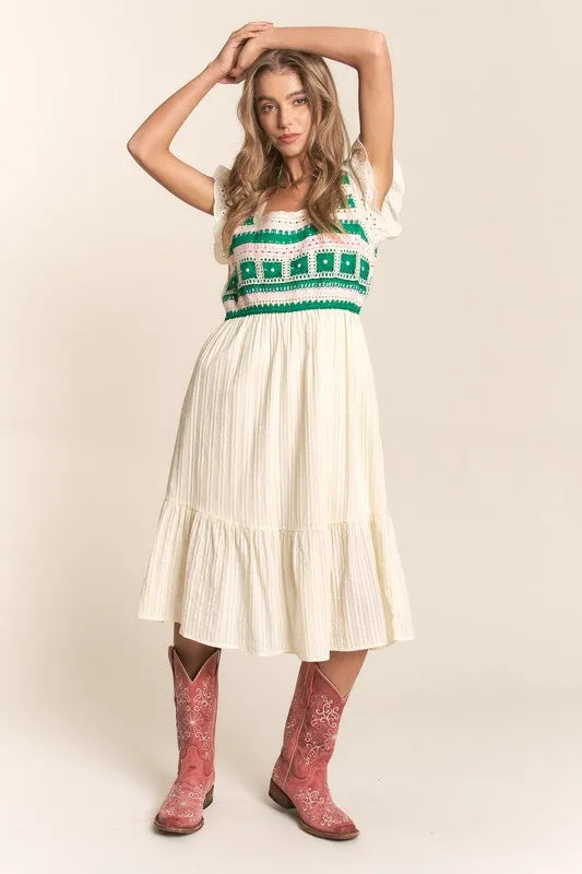 Cream Crochet Detailed Top Midi Dress