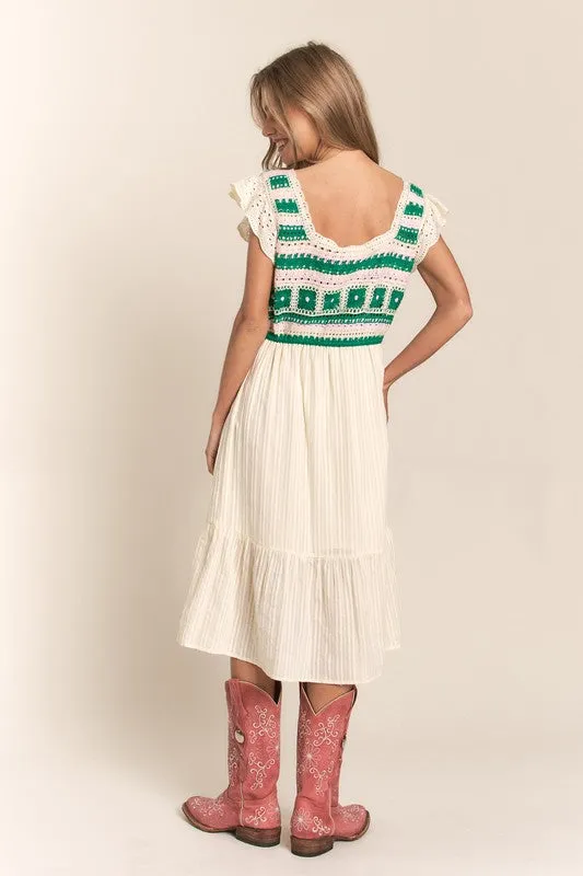 Cream Crochet Detailed Top Midi Dress