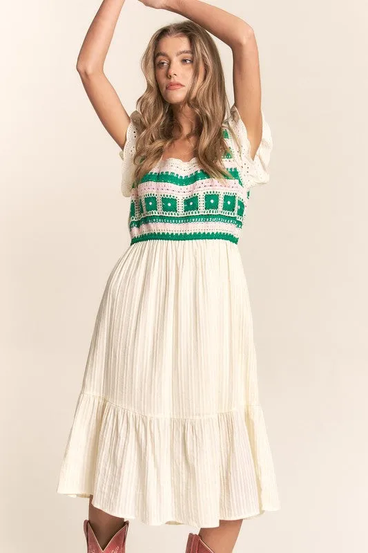 Cream Crochet Detailed Top Midi Dress