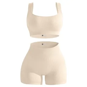 Cream Seamless Ribbed 2 Piece Workout Set
