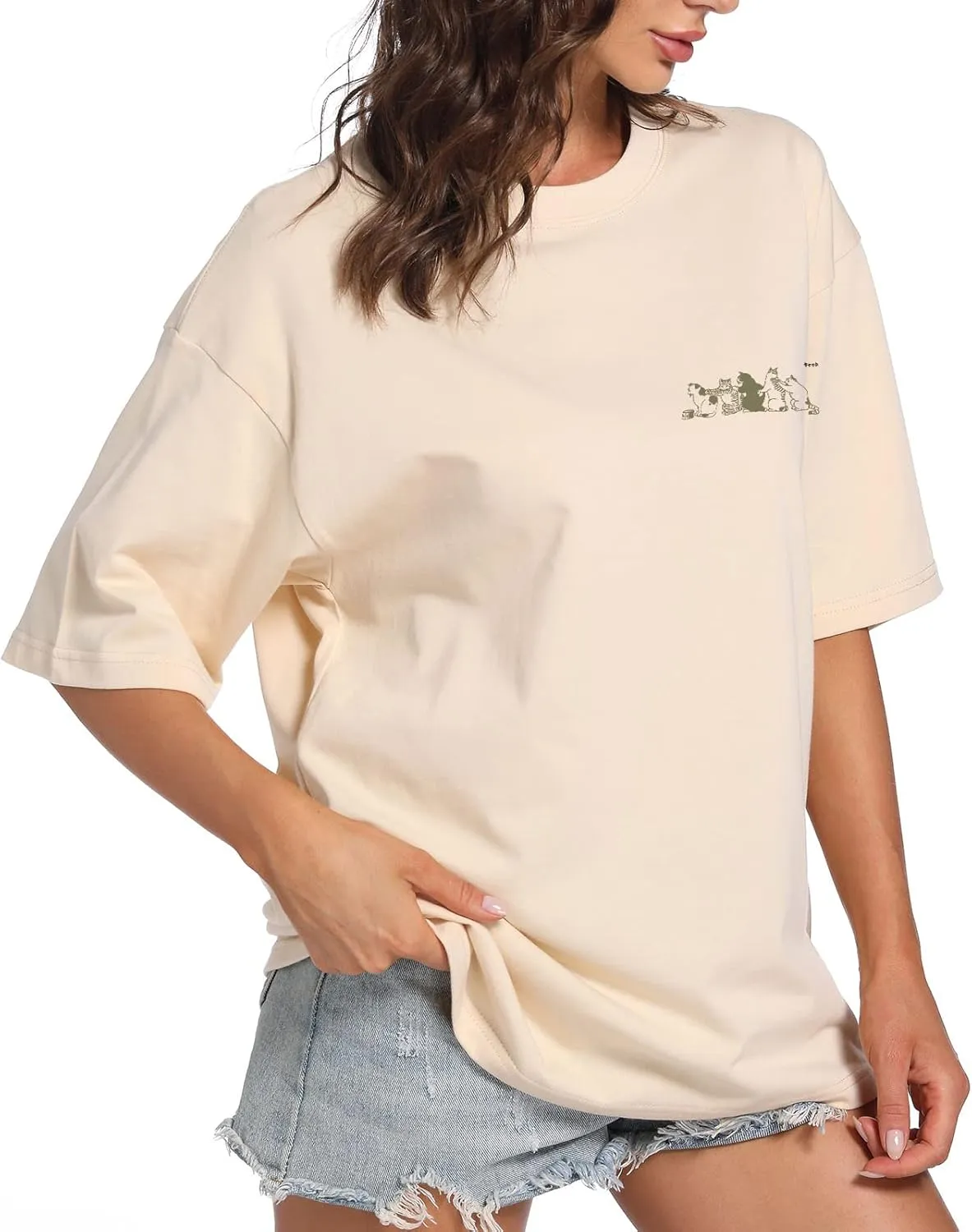 Cute Cat Graphic Tees for Women Letter Printed Oversized T Shirts Aesthetic Casual Baggy Tshirts Harajuku Tops