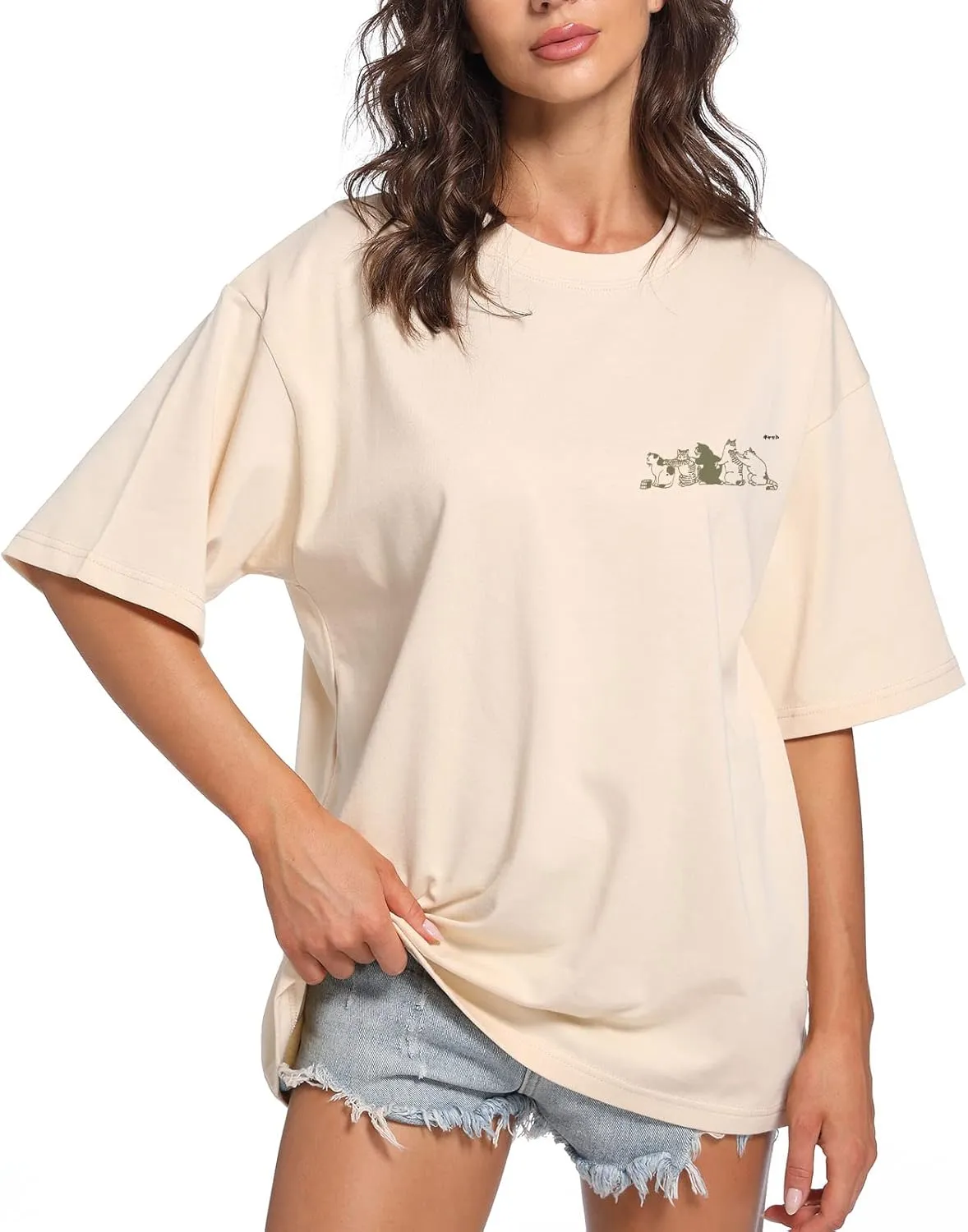 Cute Cat Graphic Tees for Women Letter Printed Oversized T Shirts Aesthetic Casual Baggy Tshirts Harajuku Tops