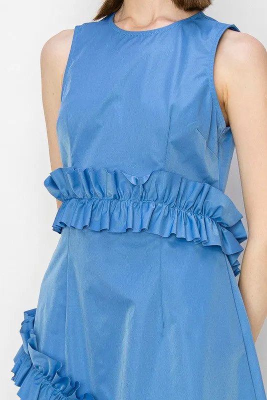 Denim Blue Frill Sleeveless Midi Dress