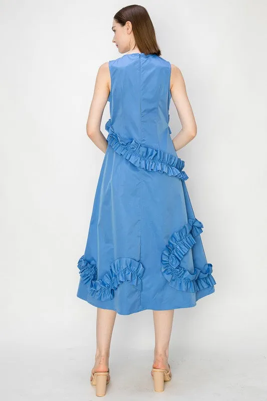 Denim Blue Frill Sleeveless Midi Dress