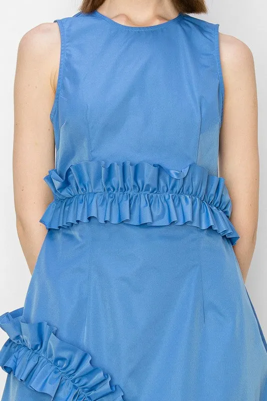 Denim Blue Frill Sleeveless Midi Dress