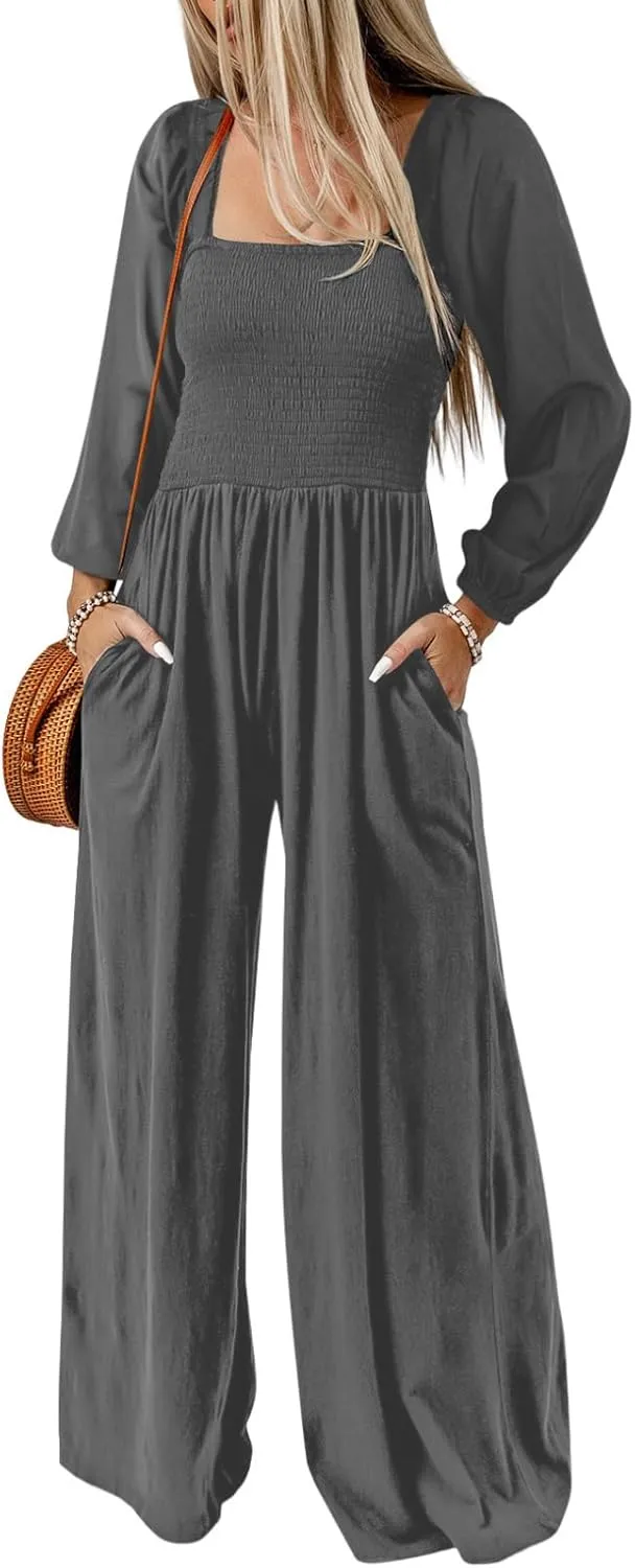 Dokotoo Women's Casual Loose Overalls Jumpsuits One Piece Long Sleeve Wide Leg Long Pant Rompers With Pockets