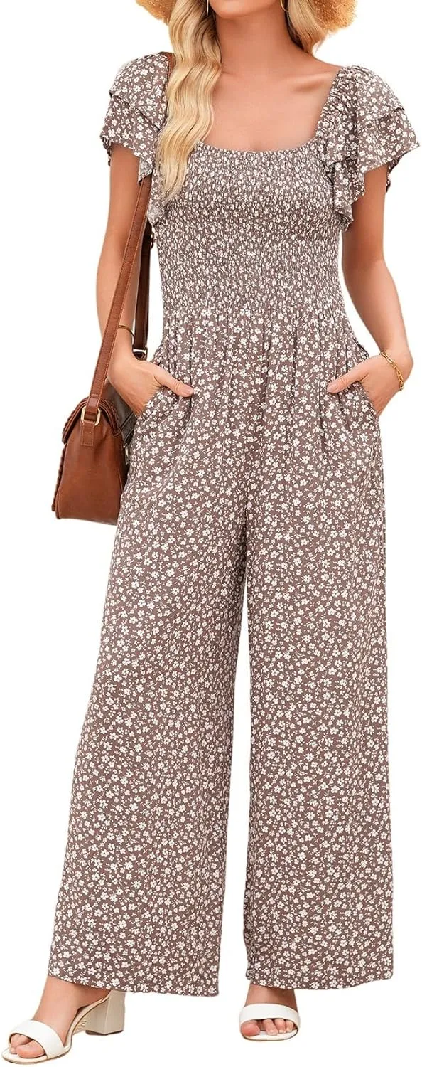 Dokotoo Women's Casual Loose Overalls Jumpsuits One Piece Ruffle Short Sleevel Printed Wide Leg Long Pant With Pockets