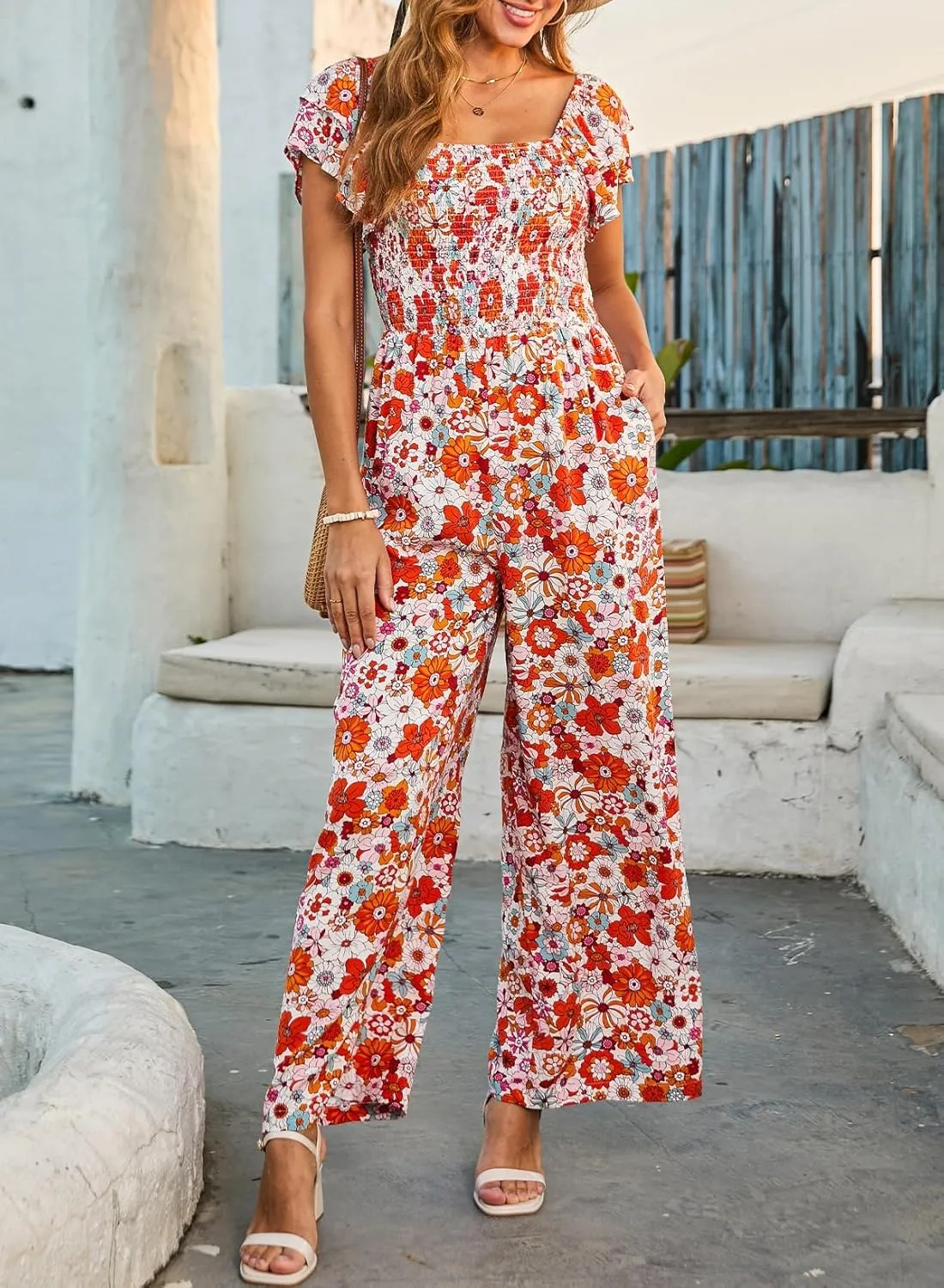Dokotoo Women's Casual Loose Overalls Jumpsuits One Piece Ruffle Short Sleevel Printed Wide Leg Long Pant With Pockets