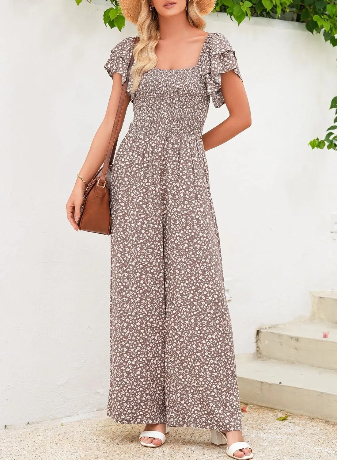 Dokotoo Women's Casual Loose Overalls Jumpsuits One Piece Ruffle Short Sleevel Printed Wide Leg Long Pant With Pockets