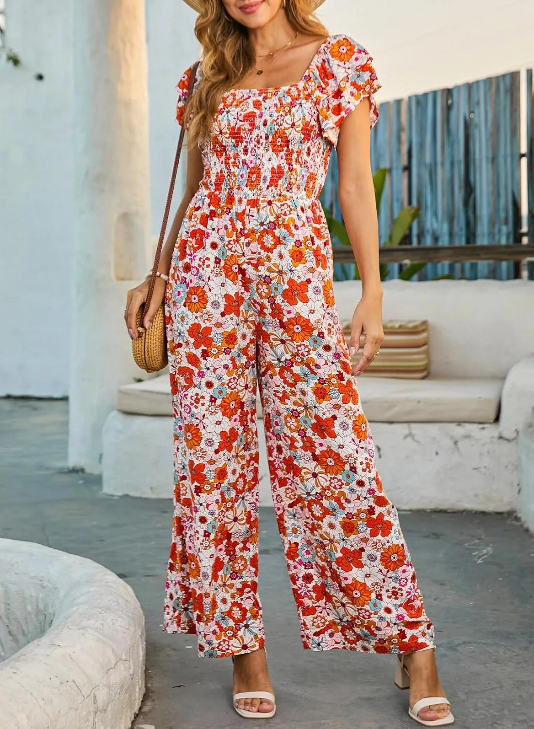 Dokotoo Women's Casual Loose Overalls Jumpsuits One Piece Ruffle Short Sleevel Printed Wide Leg Long Pant With Pockets