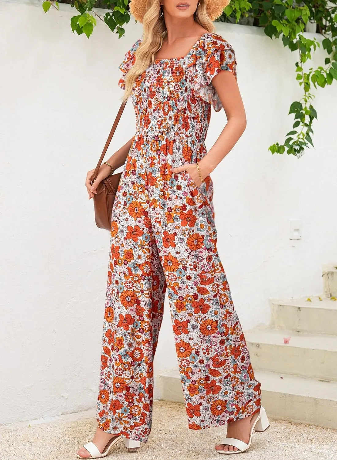Dokotoo Women's Casual Loose Overalls Jumpsuits One Piece Ruffle Short Sleevel Printed Wide Leg Long Pant With Pockets