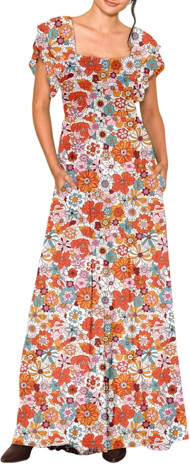 Dokotoo Women's Casual Loose Overalls Jumpsuits One Piece Ruffle Short Sleevel Printed Wide Leg Long Pant With Pockets
