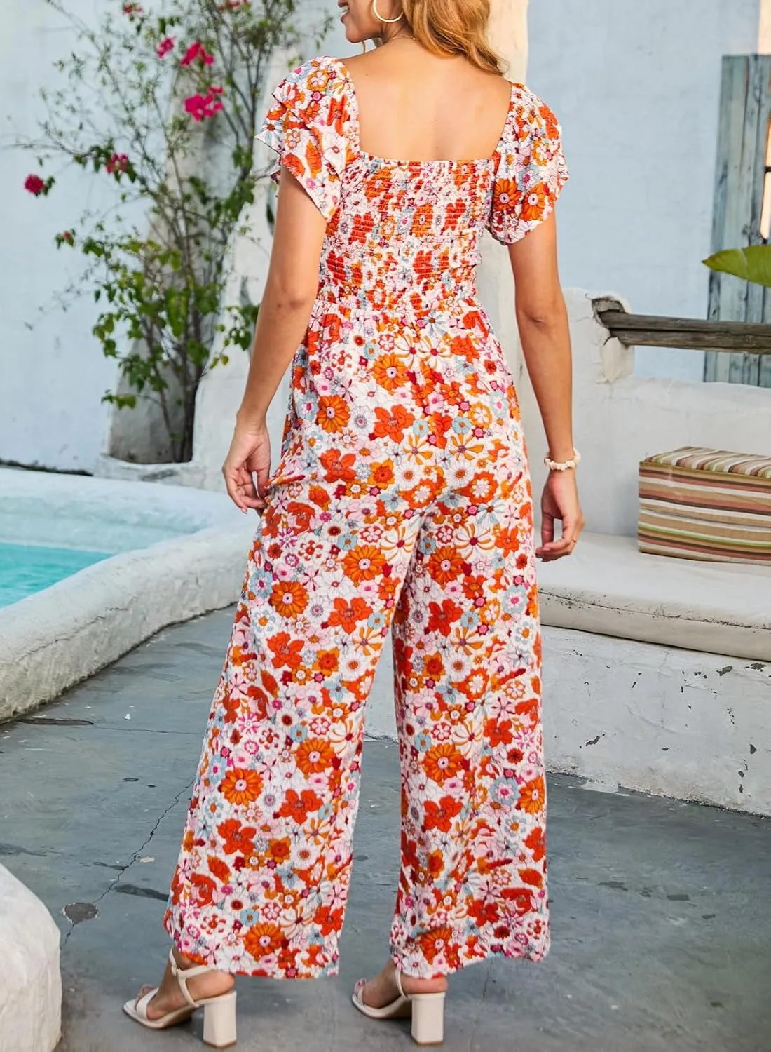 Dokotoo Women's Casual Loose Overalls Jumpsuits One Piece Ruffle Short Sleevel Printed Wide Leg Long Pant With Pockets