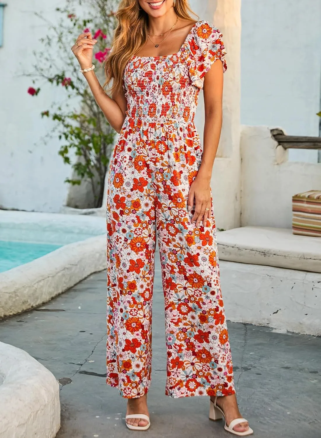 Dokotoo Women's Casual Loose Overalls Jumpsuits One Piece Ruffle Short Sleevel Printed Wide Leg Long Pant With Pockets