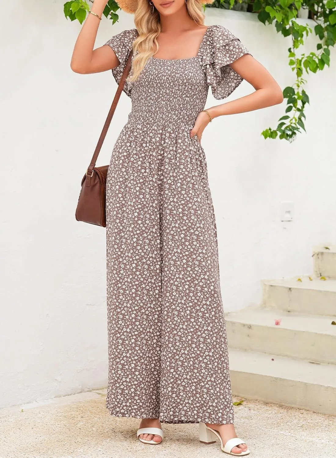 Dokotoo Women's Casual Loose Overalls Jumpsuits One Piece Ruffle Short Sleevel Printed Wide Leg Long Pant With Pockets