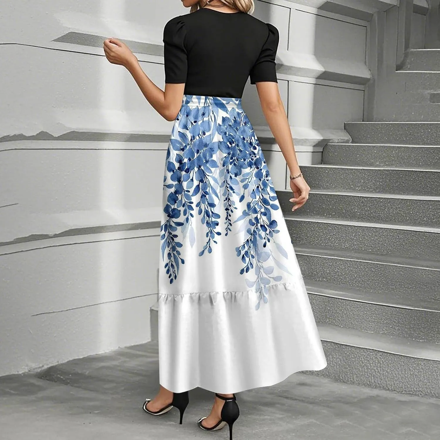 Dresses for Women 2025 Short Sleeve Round Neck Knee Length Dress Long Flowy Beach Dresses