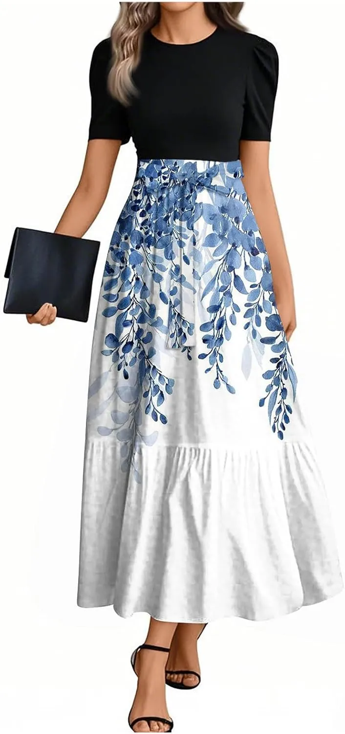 Dresses for Women 2025 Short Sleeve Round Neck Knee Length Dress Long Flowy Beach Dresses