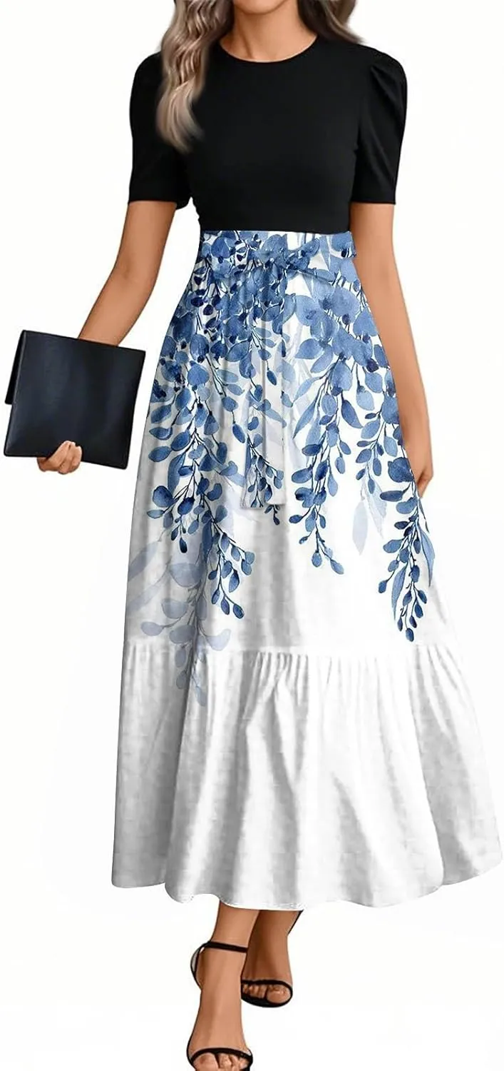 Dresses for Women 2025 Short Sleeve Round Neck Knee Length Dress Long Flowy Beach Dresses