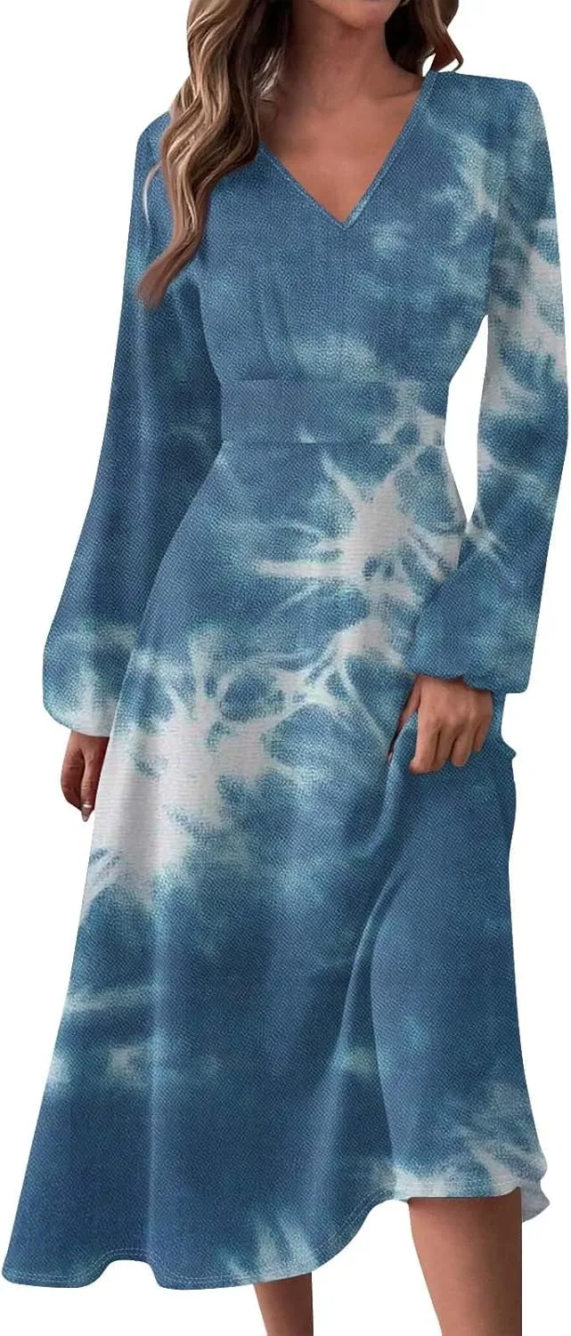 Dresses for Women 2025 Spring V Neck Midi Long Sleeve Casual Summer Teens Elegant Western Fashion Dress