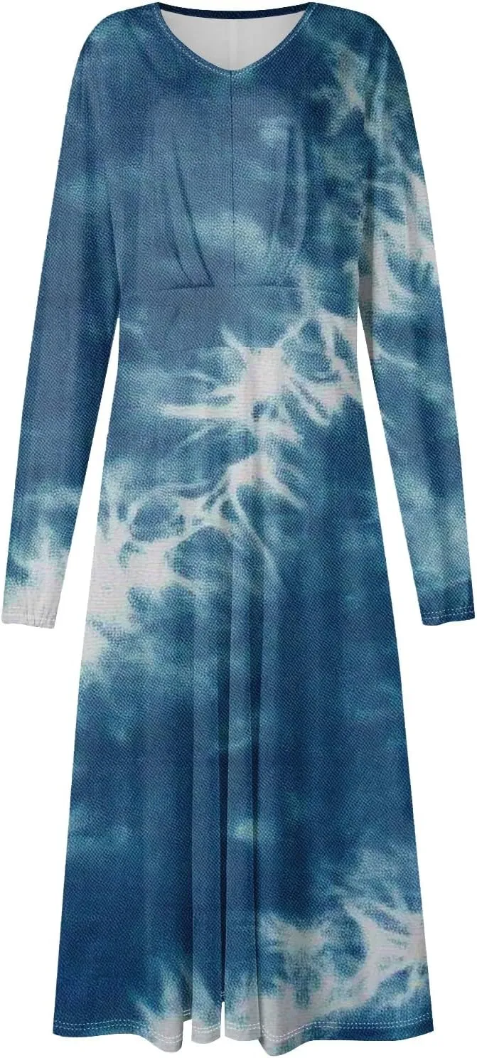Dresses for Women 2025 Spring V Neck Midi Long Sleeve Casual Summer Teens Elegant Western Fashion Dress