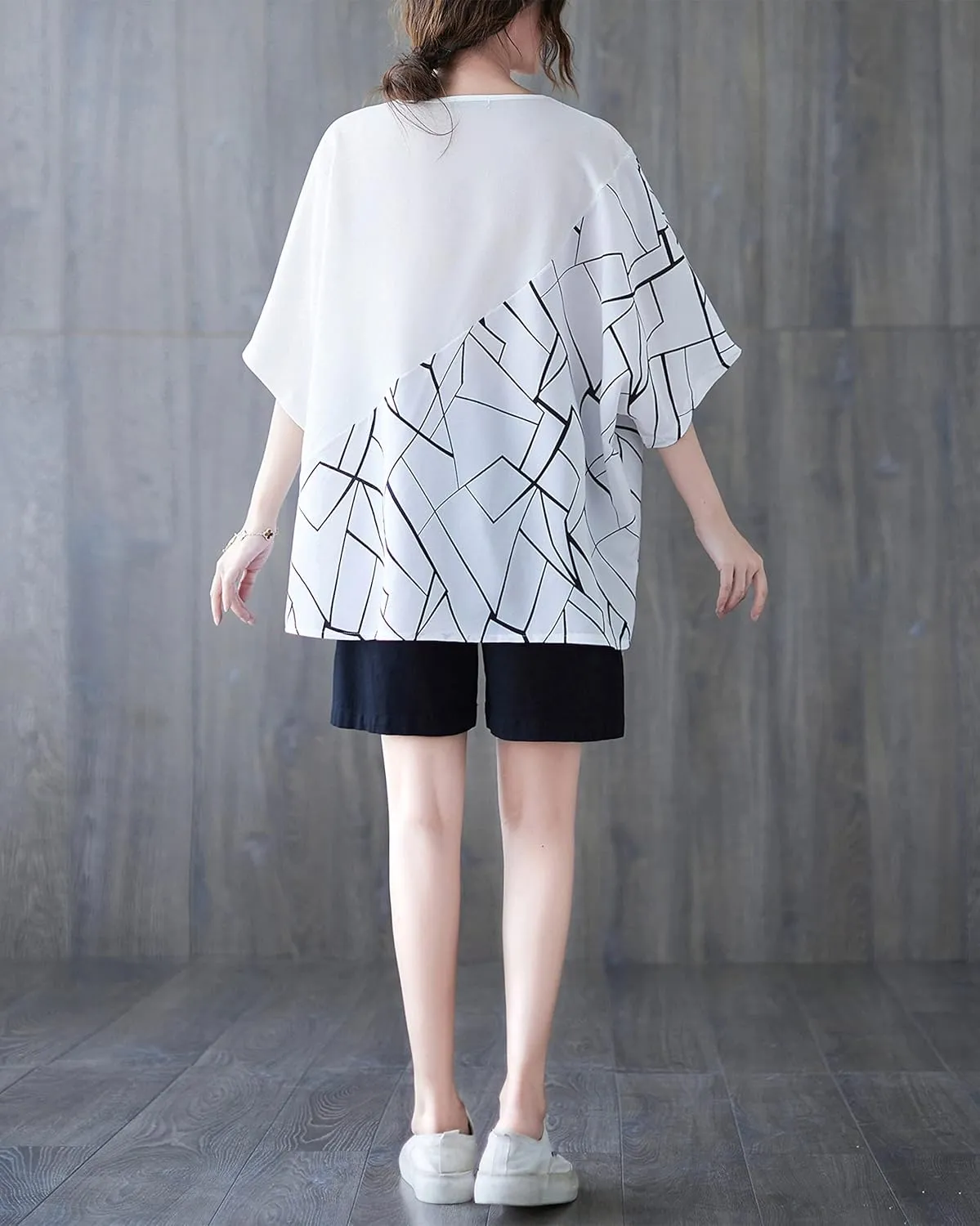 ellazhu Women Half Sleeves Crewneck Patchwork Tops Oversized T-Shirt Blouse GA2565