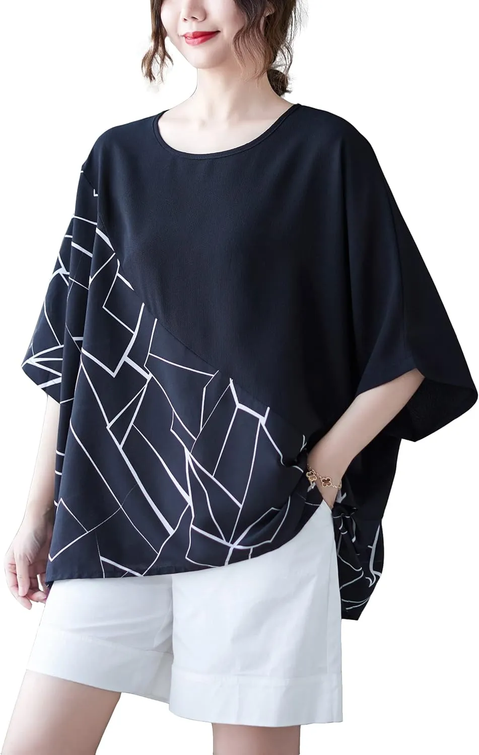 ellazhu Women Half Sleeves Crewneck Patchwork Tops Oversized T-Shirt Blouse GA2565