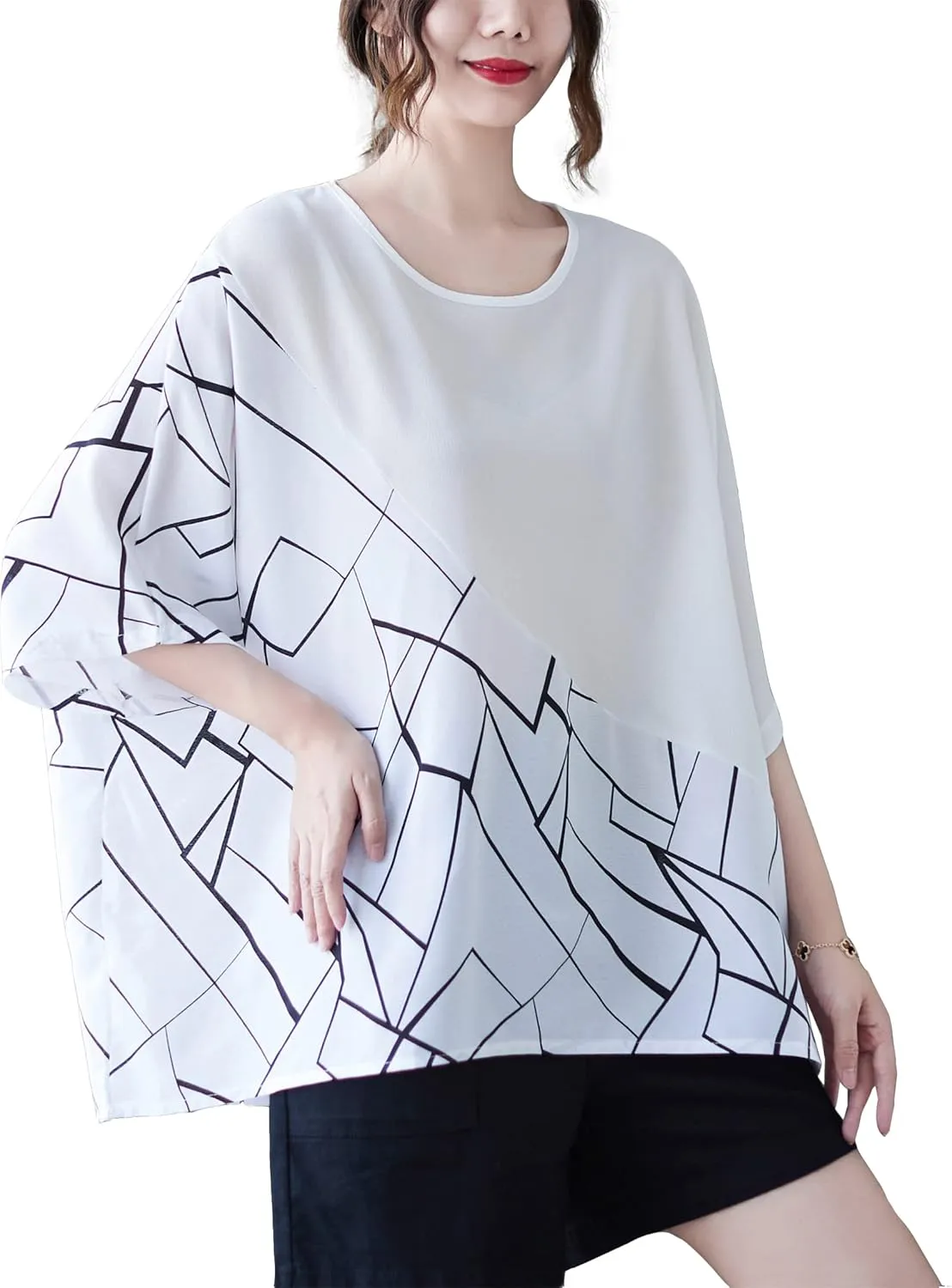 ellazhu Women Half Sleeves Crewneck Patchwork Tops Oversized T-Shirt Blouse GA2565