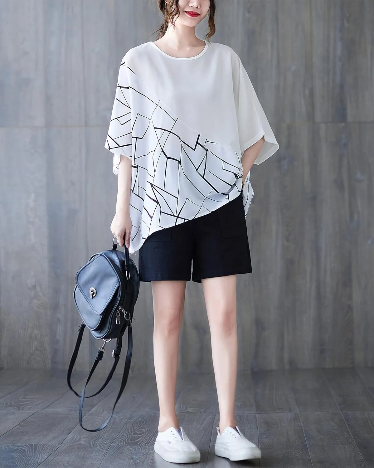 ellazhu Women Half Sleeves Crewneck Patchwork Tops Oversized T-Shirt Blouse GA2565